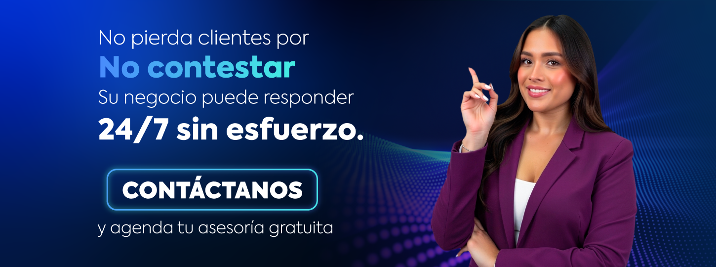 asistente virtual IA para negocios 24/7 con atención automatizada y llamada a la acción para contactar servicio